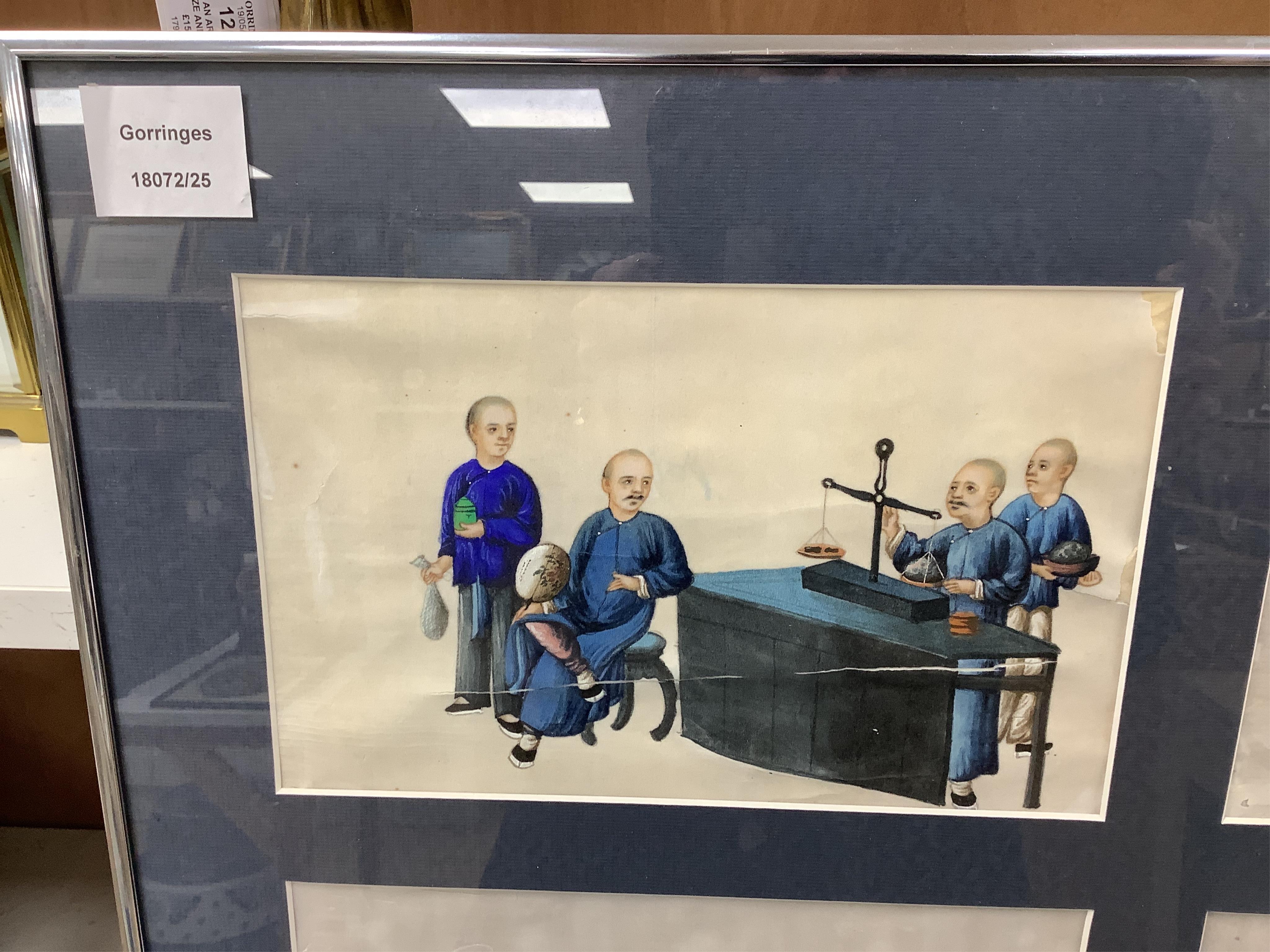 Late 19th / early 20th century, Chinese School, set of six pith paper paintings, Interior scenes with figures, each 15 x 24cm, paper in poor condition